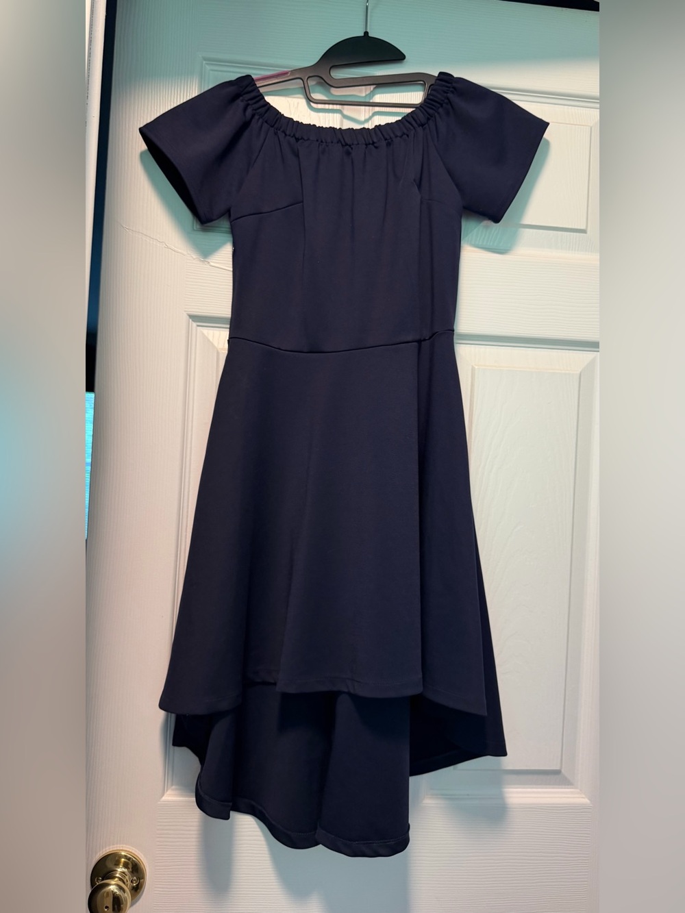 Navy Off-Shoulder High-Low Dress Small with side zipper, high quality/heavy